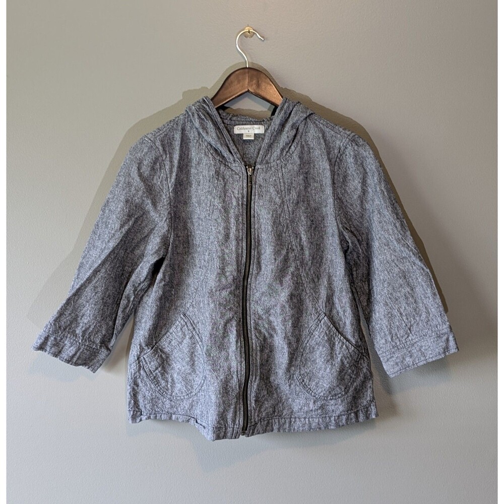 Coldwater Creek Womens Small Linen Cotton Hooded Jacket Gray Zip Up 3/4 Sleeve